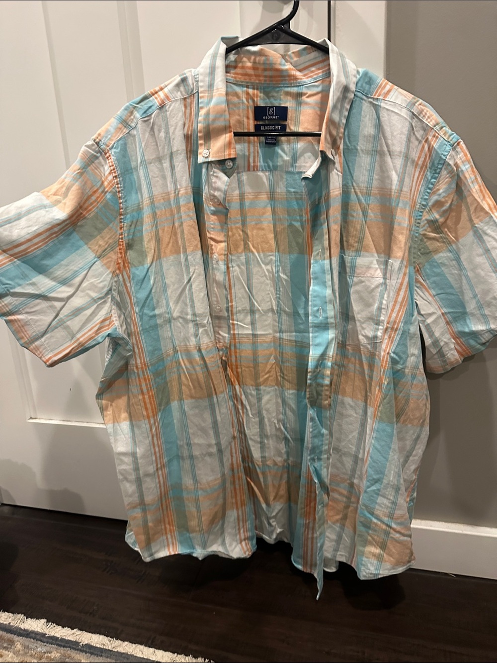 croft & barrow Aqua and Peach Plaid Short Sleeve Button-Up Shirt